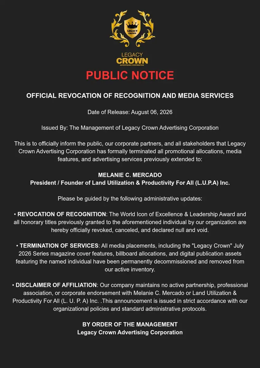 Official Public Notice: Announcement from the Management of Legacy Crown Advertising Corporation.
